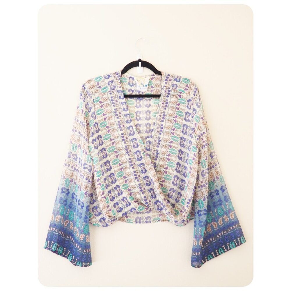 !! Blue Life Long Sleeve V-Neck Surplice Boho Blouse sz xs